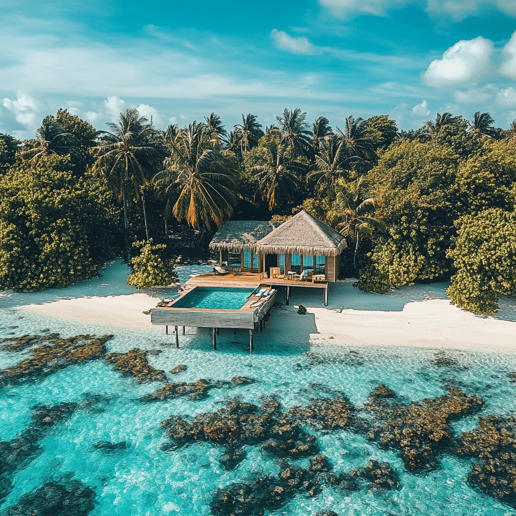 Overwater bungalow honeymoon in the Maldives by Michaelis Events, with a couple enjoying turquoise lagoon views—perfect for tropical weddings and romantic post-wedding retreats.