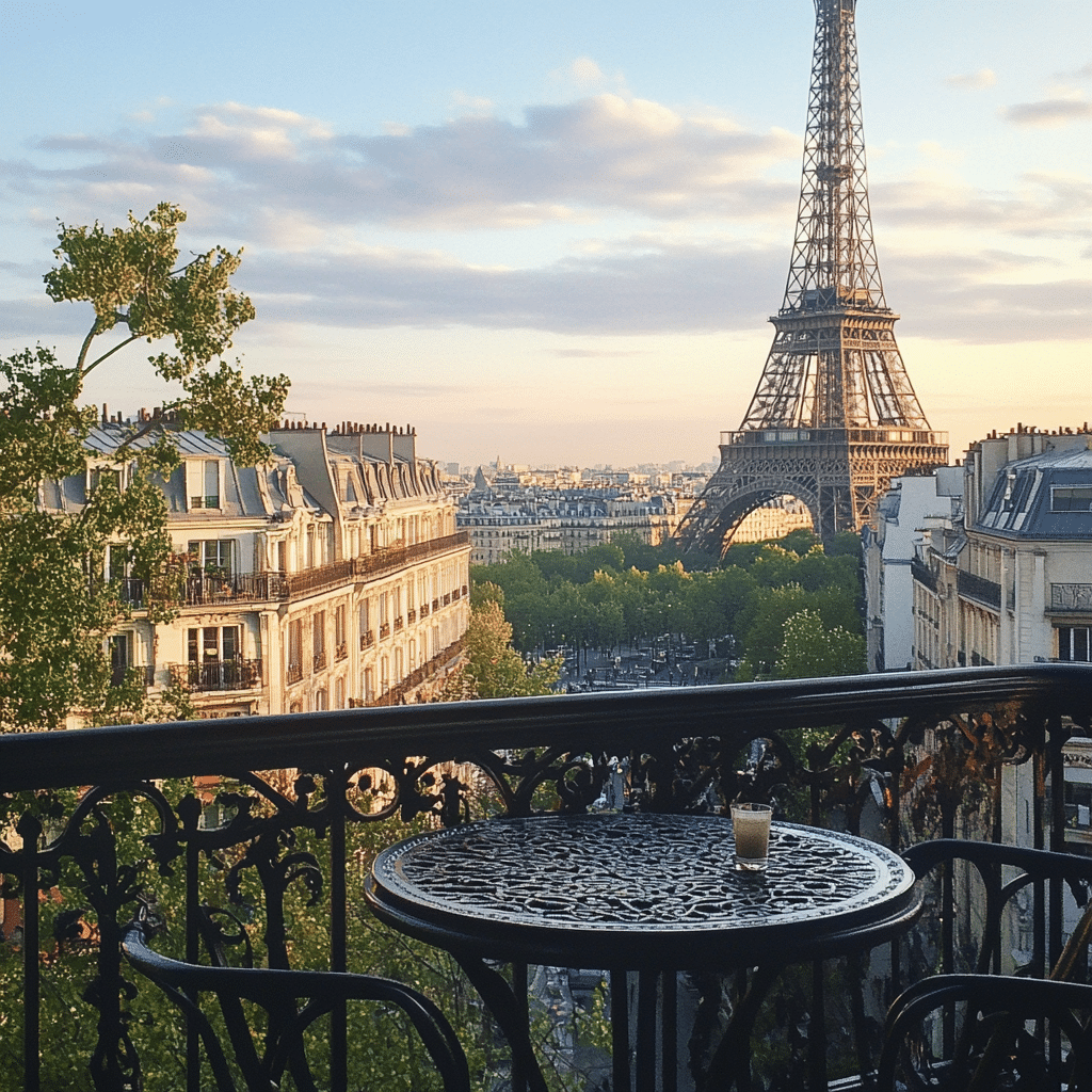 Paris honeymoon view of the Eiffel Tower at sunset, with newlyweds embracing on a balcony, curated by Michaelis Events—perfect for romantic weddings and unforgettable city escapes.