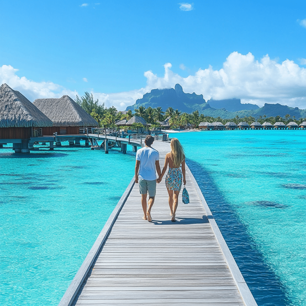 Romantic Bora Bora honeymoon planned by Michaelis Events, featuring an overwater bungalow with crystal-clear lagoon views—perfect for newlyweds seeking tropical luxury after their wedding.