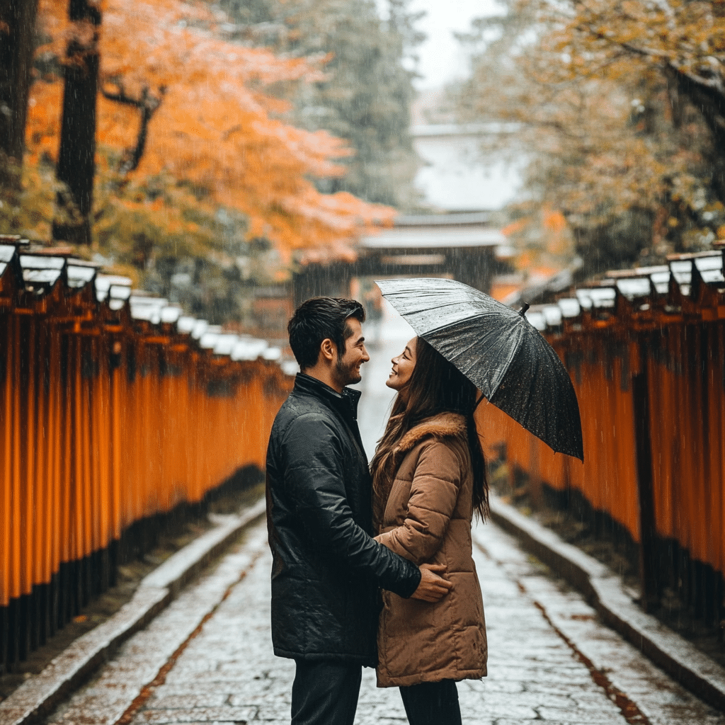 Romantic Kyoto honeymoon stroll arranged by Michaelis Events, with newlyweds walking beneath cherry blossoms and traditional temples—perfect for a serene post-wedding escape.