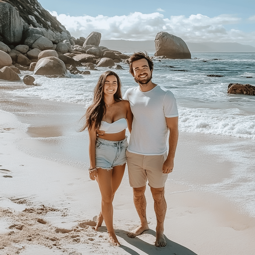 Romantic beach stroll along the Garden Route in South Africa, with newlyweds walking barefoot in the sand—an unforgettable post-wedding moment arranged by Michaelis Events.