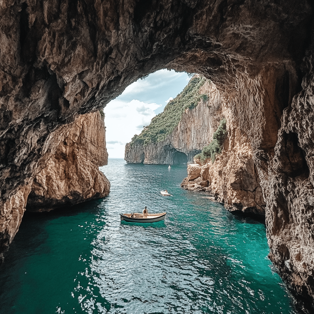Romantic boat ride into the Emerald Grotto near Amalfi, Italy, with shimmering green waters reflecting on the cave walls—planned by Michaelis Events for an unforgettable honeymoon experience.