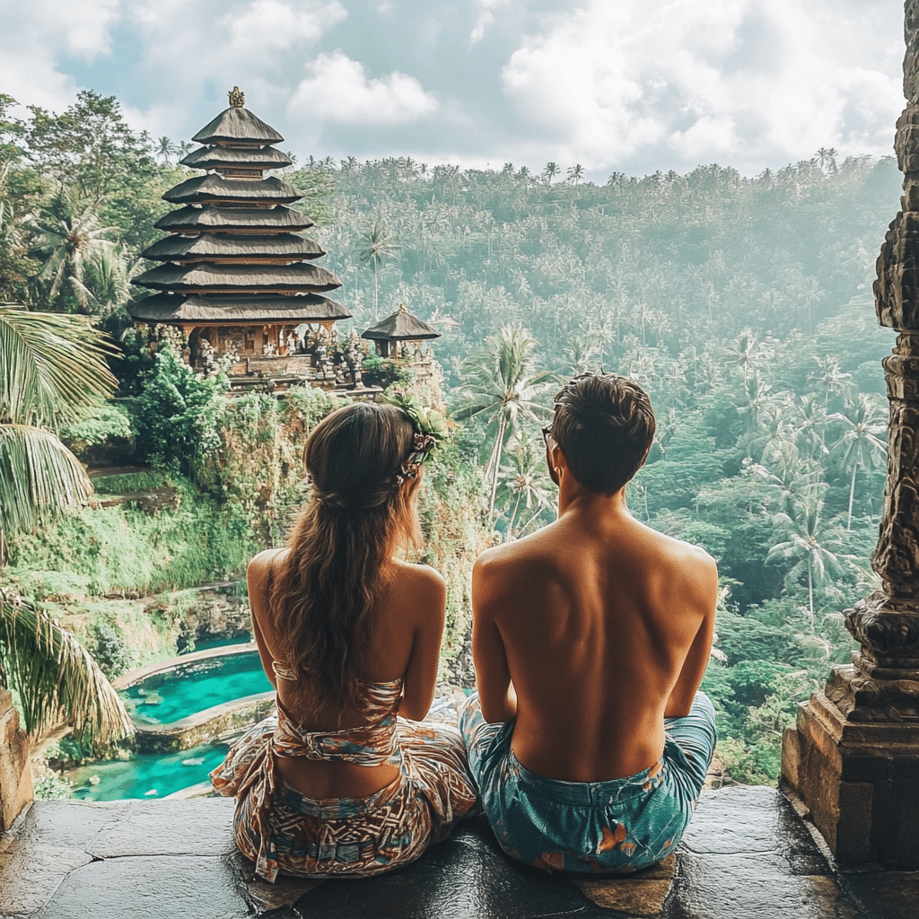 Romantic honeymoon in Bali, Indonesia, with newlyweds relaxing in a private infinity pool overlooking rice terraces—an unforgettable escape styled by Michaelis Events after their wedding.