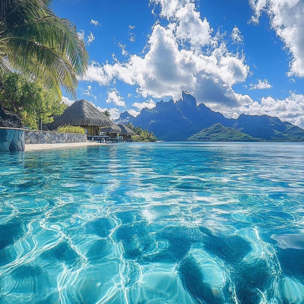 Scenic honeymoon in Bora Bora arranged by Michaelis Events, showcasing turquoise waters, lush mountains, and a serene beachfront—perfect for romantic wedding getaways.