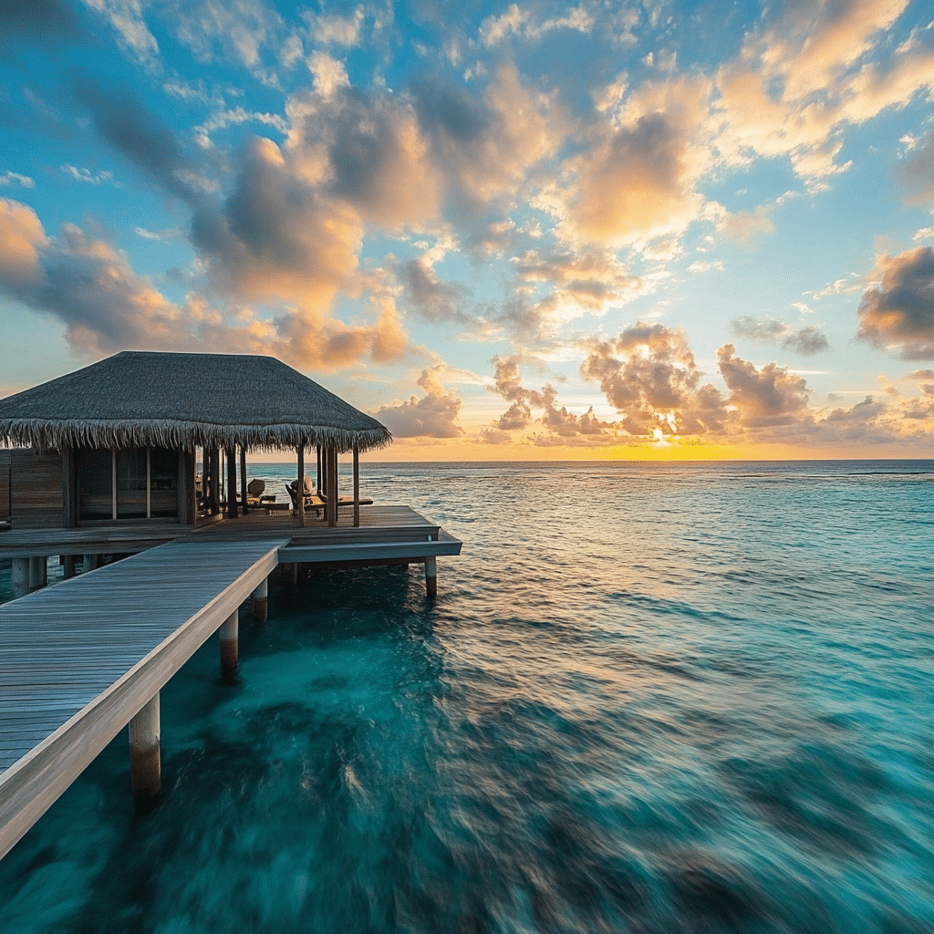 Sunset beach walk in the Maldives arranged by Michaelis Events, featuring soft white sand and glowing skies—perfect for romantic wedding honeymoons.