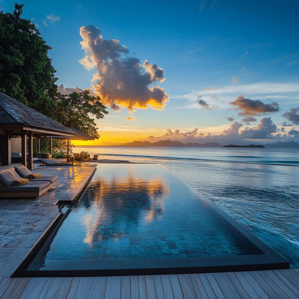 Sunset view from a Seychelles honeymoon villa, with the horizon melting into gold over lush hills and calm ocean waters—an intimate and unforgettable experience planned by Michaelis Events.
