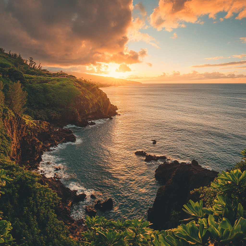 Sunset view from a cliffside Hawaiian villa designed by Michaelis Events, with Polynesian-inspired architecture and thatched roofs—ideal for romantic post-wedding retreats.