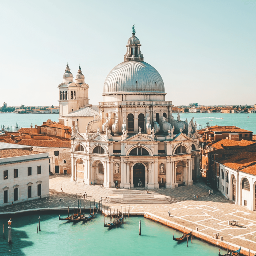 Sunset view of Santa Maria della Salute during a Venice honeymoon boat ride, arranged by Michaelis Events—highlighting Baroque beauty and post-wedding magic