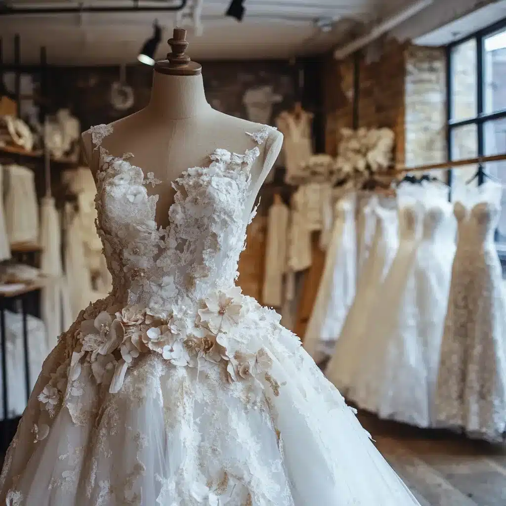 Bride examining intricate lace detailing during her final wedding dress fitting, ensuring the gown’s original design and structure remain beautifully intact