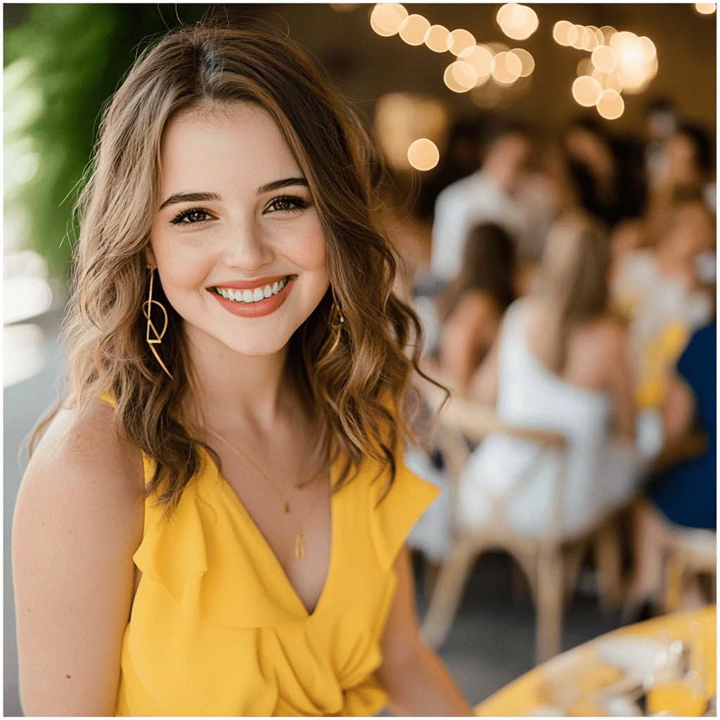 Young woman in a yellow dress smiling at a wedding reception, surrounded by other guests in a warmly lit celebration space