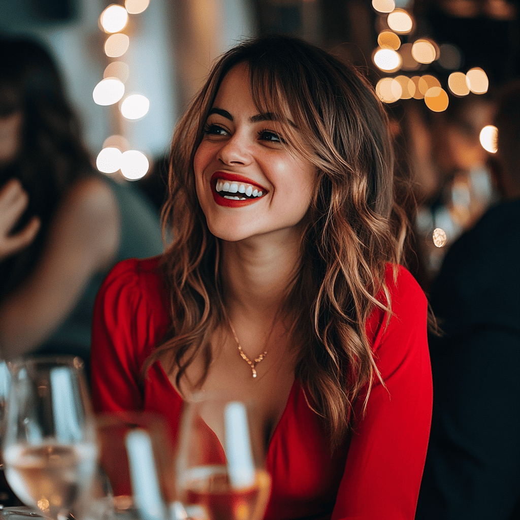 Smiling woman in a red dress at a wedding reception, surrounded by warm bokeh lighting and wine glasses