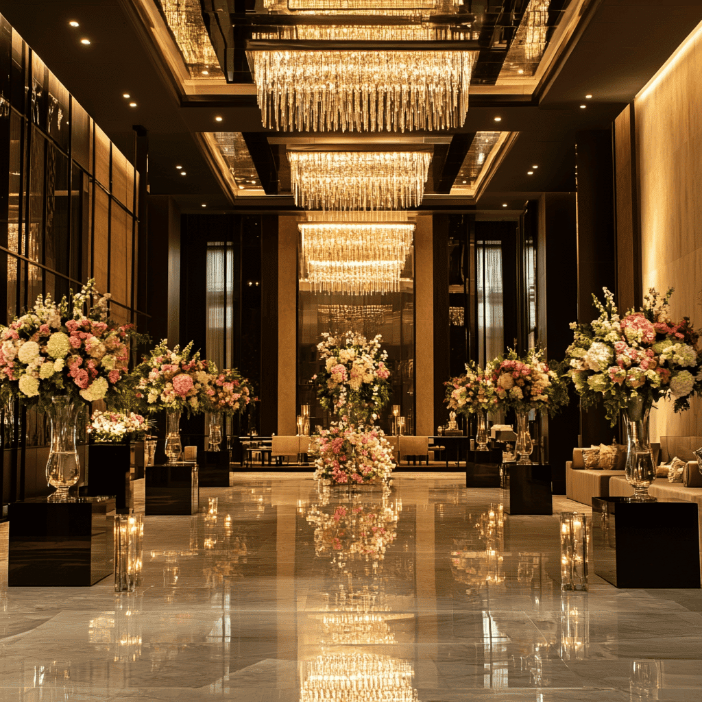Bride and groom welcome out-of-town guests at a hotel check-in counter, highlighting hotel room block planning for a wedding weekend stay